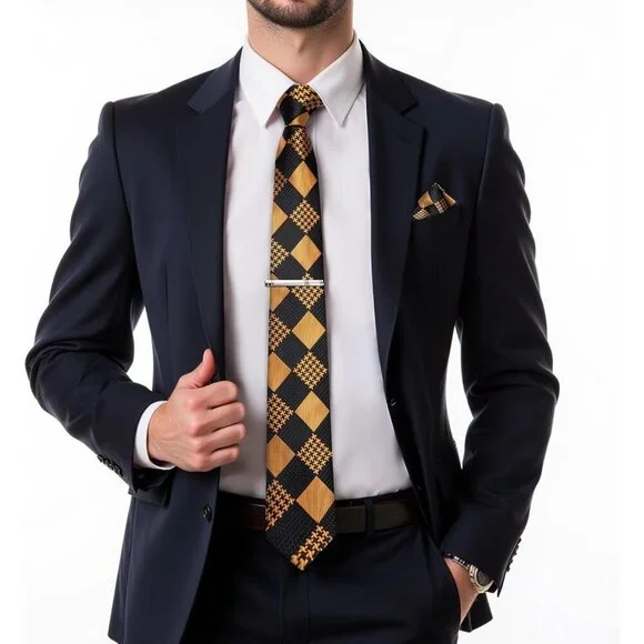 🆕Men Gold Plaid Silk Checkered Necktie Pocket Square Cufflinks Tie Clip Set